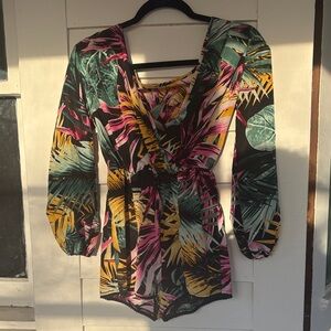 Tropical Print Long-Sleeve Romper - Black, Pink & Green